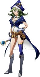 Rule 34 | 1girl, angelica (langrisser), asymmetrical legwear, blue headwear, blue thighhighs, boots, breasts, cleavage, closed mouth, earrings, full body, gloves, green hair, hand on own hip, highres, holding, holding staff, jewelry, knee boots, langrisser, langrisser mobile, leotard, long hair, looking at viewer, medium breasts, official art, purple eyes, shiny clothes, shiny legwear, shiny skin, single thighhigh, smile, solo, staff, standing, thighhighs, transparent background, white footwear, white gloves, white leotard