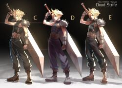 Rule 34 | 1boy, armor, baggy pants, bandaged arm, bandages, belt, black background, black pants, blonde hair, blue eyes, blue pants, brown belt, brown gloves, buster sword, character name, clenched hand, cloud strife, decoponmagi, earrings, final fantasy, final fantasy vii, final fantasy vii remake, fingerless gloves, full body, gloves, holding, holding sword, holding weapon, jewelry, multiple belts, multiple views, pants, short hair, shoulder armor, single bare shoulder, single earring, single shoulder pad, sleeveless, sleeveless turtleneck, solo, spiked hair, standing, sword, turtleneck, weapon, weapon on back