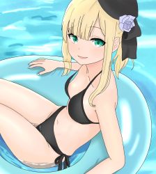 Rule 34 | 1girl, :d, atsumisu, bad id, bad pixiv id, bare arms, bare shoulders, beret, bikini, black bikini, black hat, black ribbon, blonde hair, blue nails, blush, breasts, collarbone, commentary request, day, fate (series), fingernails, flower, green eyes, groin, hair flower, hair ornament, hat, highres, innertube, long hair, looking at viewer, looking to the side, lord el-melloi ii case files, nail polish, navel, open mouth, outdoors, ponytail, purple flower, purple rose, reines el-melloi archisorte, ribbon, rose, side-tie bikini bottom, sidelocks, small breasts, smile, solo, swim ring, swimsuit, tilted headwear, water