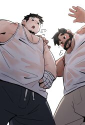 Rule 34 | 2boys, bara, beard, belly, blush, connected beard, dark-skinned male, dark skin, facial hair, fat, fat man, foreshortening, from below, full beard, goatee, half-closed eyes, heavy breathing, highres, koong (koong bg), large pectorals, looking at viewer, looking down, male focus, meme, multiple boys, muscular, muscular male, nipple slip, nipples, obese, original, pants, pectoral cleavage, pectorals, photo-referenced, see-through, short hair, sidepec, sparse arm hair, sparse chest hair, sweat, sweaty clothes, tank top, tareme, thick eyebrows, track pants, upper body, very sweaty, waving, white tank top, yur oc like this (meme)