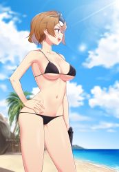 Rule 34 | 1girl, :d, bare arms, bare shoulders, beach, bikini, black bikini, blue sky, blurry, blurry background, blush, breasts, brown hair, cleavage, cloud, cloudy sky, collarbone, contrapposto, day, depth of field, eyewear on head, girls&#039; frontline, grizzly mkv (girls&#039; frontline), groin, gun, hand on own hip, highres, holding, holding gun, holding weapon, horizon, l.a.r. manufacturing, lar grizzly win mag, lens flare, light rays, looking away, medium breasts, narynn, navel, ocean, open mouth, outdoors, palm tree, profile, purple eyes, short hair, sidelocks, sky, smile, solo, standing, stomach, sunbeam, sunglasses, sunglasses on head, sunlight, swimsuit, teeth, tree, twitter username, upper teeth only, water, weapon
