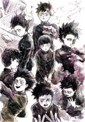 Rule 34 | 1boy, black eyes, black hair, blunt bangs, crying, crying with eyes open, gakuran, highres, kageyama shigeo, looking at viewer, mob psycho 100, monochrome, multiple views, open mouth, rubble, sad, school uniform, short hair, sketch, smile, sweat, tears, traditional media, wide-eyed, worried
