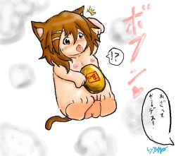 Rule 34 | !?, 1girl, ^^^, animal ears, anus, blush, breasts, brown eyes, brown hair, cat ears, cat tail, hasunalu, hirasawa yui, jpeg artifacts, k-on!, maneki-neko, nipples, nude, open mouth, pussy, signature, simple background, smoke, solo, speech bubble, sweatdrop, tail, text focus, tongue, tongue out, transformation, translation request, white background