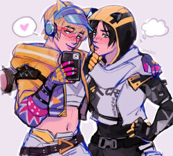 Rule 34 | 2girls, absurdres, animal ear headphones, animal ears, animal hood, apex legends, belt, black belt, black bodysuit, black eyes, black hair, blue eyes, blue headwear, blush, bodysuit, cat ear headphones, cat hood, cellphone, commentary, crop top, cropped shirt, fake animal ears, gloves, grey jacket, grey shirt, grey shorts, hand on own hip, hand on own chin, headphones, heart, highres, holding, holding phone, hood, hood down, hood up, hooded jacket, jacket, looking at another, looking down, midriff, multiple girls, navel, official alternate costume, phone, purple gloves, shirt, short hair, shorts, shoulder spikes, sketch, sleeveless, sleeveless jacket, smartphone, smile, speech bubble, spikes, spoken heart, sunglasses, symbol-only commentary, thinking, thought bubble, thunder kitty wattson, twitter username, visor cap, void prowler wraith, wasabi (vowsbid), wattson (apex legends), wraith (apex legends), yellow jacket, yuri
