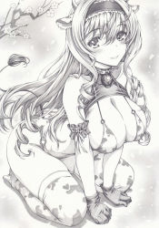 Rule 34 | 1girl, animal costume, animal print, ass, bell, bikini, blush, breasts, cecilia alcott, cleavage, collar, cow costume, cow girl, cow print, cow tail, fake tail, gloves, graphite (medium), infinite stratos, kneeling, legs, long hair, looking at viewer, mikuro, monochrome, navel, o-ring, o-ring bikini, petals, smile, solo, swimsuit, tail, thighhighs, traditional media, very long hair