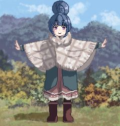 Rule 34 | 1girl, blue hair, blush stickers, boots, bush, cloud, commentary request, day, dress, full body, hair bun, outdoors, outstretched arms, pixel art, purple eyes, shadow, shawl, shima rin, sidelocks, single hair bun, smile, solo, standing, sugiura tsuruki, winter clothes, yurucamp