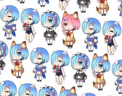 Rule 34 | 10s, :o, animal ears, ayami (annahibi), blue eyes, blue hair, cat ears, commentary request, closed eyes, food, fox ears, fox shadow puppet, fox tail, hair over one eye, horns, japanese clothes, kimono, looking at viewer, maid, multiple views, one eye covered, oni horns, paperclip, pink eyes, pink hair, popsicle, ram (re:zero), re:zero kara hajimeru isekai seikatsu, rem (re:zero), short hair, siblings, simple background, sisters, smile, swimsuit, tail, twins, watermelon bar, white background