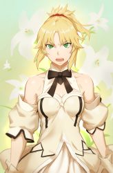 Rule 34 | 1girl, artoria pendragon (all), artoria pendragon (fate), bare shoulders, blonde hair, colorized, cosplay, detached sleeves, dress, fate/apocrypha, fate/grand order, fate/unlimited codes, fate (series), floral background, green eyes, hair ornament, hair scrunchie, highres, kunaboto, long hair, looking at viewer, mordred (fate), mordred (fate/apocrypha), ponytail, red scrunchie, saber lily, saber lily (cosplay), scrunchie, solo, speech bubble, white dress