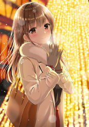 Rule 34 | 1girl, bag, black shirt, blurry, blurry background, blush, bokeh, breath, brown gloves, brown hair, christmas lights, closed mouth, coat, commentary request, depth of field, fur collar, gloves, hair intakes, head tilt, long coat, long hair, long sleeves, looking at viewer, open clothes, open coat, original, own hands together, red eyes, red ribbon, red skirt, ribbon, shirt, shirt tucked in, shoulder bag, sidelocks, skirt, smile, snowing, solo, standing, upper body, white coat, wing collar, winter, winter clothes, yuuka nonoko