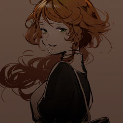 Rule 34 | 1girl, alternate hair length, alternate hairstyle, awarin, braid, brown background, brown hair, emma (yakusoku no neverland), floating hair, from side, green eyes, highres, long hair, looking at viewer, aged up, open mouth, single braid, solo, upper body, yakusoku no neverland