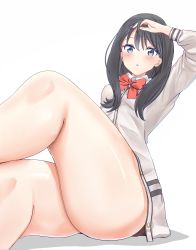 Rule 34 | 10s, 1girl, absurdres, ass, black hair, blue eyes, blush, cardigan, gridman universe, hand in own hair, highres, legs, long sleeves, open mouth, red neckwear, school uniform, simple background, skirt, solo, ssss.gridman, takarada rikka, thick thighs, thighs, toratora (nanahaba), white background
