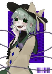 Rule 34 | 1girl, :d, barcode, black eyes, black hat, bow, commentary, green hair, green pupils, hat, hat bow, heart, heart-shaped pupils, highres, komeiji koishi, long sleeves, looking at viewer, open mouth, purple background, shirt, short hair, smile, solo, symbol-only commentary, symbol-shaped pupils, teeth, third eye, touhou, upper body, upper teeth only, yellow bow, yellow shirt, yomogi 0001