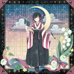 Rule 34 | 1girl, black border, black footwear, black hair, black hakama, blue background, blue ribbon, book, boots, border, bow, braid, buttons, closed eyes, cloud, clover, clover (flower), cocoroppy, collared shirt, commentary request, constellation, crescent moon, daisy, facing viewer, flower, flower border, flower request, full body, gemini (constellation), gradient background, hair bow, hair ribbon, hakama, hakama skirt, hand up, head tilt, highres, holding, holding book, holding pen, japanese clothes, kimono, lace trim, lily of the valley, moon, nib pen (object), open book, original, outside border, pen, pink flower, pisces (constellation), red bow, red kimono, red ribbon, ribbon, shirt, short hair, sidelocks, skirt, smile, solo, standing, star (sky), striped clothes, striped kimono, taurus (constellation), two-tone kimono, white flower, white kimono, white shirt, yellow background, yellow flower