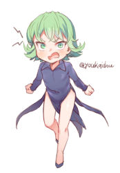 Rule 34 | 1girl, bare legs, black dress, black footwear, chibi, clenched hands, commentary request, dress, flipped hair, full body, green eyes, green hair, jingai modoki, legs, long sleeves, looking at viewer, one-punch man, open mouth, pelvic curtain, shoes, short hair, simple background, solo, tatsumaki, twitter username, white background