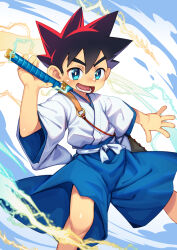 1boy autumn_snow black_hair blue_eyes blue_hakama commentary_request hakama hakama_skirt holding holding_sword holding_weapon japanese_clothes kurogane_yaiba male_focus skirt solo sword teeth weapon yaiba