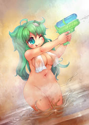Rule 34 | 1girl, ;p, ahoge, aiming, aqua eyes, blue eyes, blush, breasts, censored, cleft of venus, convenient censoring, fat mons, female focus, food, frog, frog hair ornament, green eyes, green hair, groin, hair ornament, holding, kochiya sanae, large breasts, long hair, looking away, matching hair/eyes, messy hair, naked towel, navel, nipples, nude, one eye closed, outstretched arms, plump, pointless censoring, pussy, sankuma, see-through, shrimp, shrimp tempura, solo, splashing, squirting liquid, steam, steam censor, tempura, tongue, tongue out, touhou, towel, two-handed, wading, water, water drop, water gun, wide hips, wink