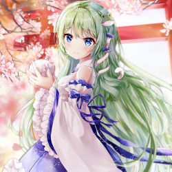 Rule 34 | 1girl, bare shoulders, blue eyes, blue skirt, blush, branch, cherry blossoms, closed mouth, detached sleeves, fingernails, flower, frilled skirt, frilled sleeves, frills, frog hair ornament, green hair, hair between eyes, hair ornament, hair tubes, holding, japanese clothes, kimono, kochiya sanae, long hair, long sleeves, looking at viewer, looking to the side, microphone, mutang, petals, pink flower, pleated skirt, skirt, sleeveless, sleeveless kimono, smile, snake hair ornament, solo, torii, touhou, very long hair, white kimono, white sleeves, wide sleeves