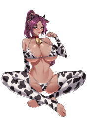 Rule 34 | 1girl, absurdres, animal ears, animal print, ass, bare shoulders, bell, bikini, bleach, blush, breasts, bridal gauntlets, cleavage, clenched hand, collar, collarbone, cow ears, cow horns, cow print, cow print bikini, cow print thighhighs, cowbell, curvy, dark-skinned female, dark skin, dogs (dlrkdejr26), elbow gloves, fake animal ears, fake horns, feet, female focus, fingerless gloves, full body, gloves, hairband, hand up, highres, horns, huge breasts, indian style, legs, long hair, looking at viewer, micro bikini, navel, neck bell, parted bangs, ponytail, print bikini, print gloves, print thighhighs, purple hair, red collar, shihouin yoruichi, shiny skin, sitting, solo, stirrup legwear, stomach, swimsuit, thick thighs, thighhighs, thighs, thong, thong bikini, toeless legwear, toes, toned, tongue, tongue out, underboob, white background, wide hips, yellow eyes