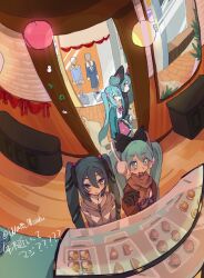 4girls aqua_eyes aqua_hair aqua_jacket bakery black_bow bow brick_road brown_gloves brown_jacket brown_scarf cake christmas_tree christmas_wreath commentary display earmuffs fisheye food from_above gloves grey_jacket hair_bow hair_ornament hair_ribbon hatsune_miku highres indoors jacket long_hair looking_at_another magical_mirai_(vocaloid) magical_mirai_miku magical_mirai_miku_(2015) magical_mirai_miku_(2016) magical_mirai_miku_(2018) magical_mirai_miku_(2019) mannequin multiple_girls multiple_persona neckerchief open_mouth pink_neckerchief pink_skirt ribbon scarf shirt shop side-by-side skirt snowman sweets translated twintails twitter_username very_long_hair vocaloid walking wato_(wato_miiiiiku) white_ribbon white_shirt wide_shot window wreath