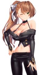 Rule 34 | 1girl, bare shoulders, beatrix (granblue fantasy), black pants, blush, breasts, brown hair, buttons, cleavage, closed mouth, collarbone, fingernails, granblue fantasy, green eyes, hair ribbon, hand on own hip, highres, kei (soundcross), large breasts, long hair, long sleeves, looking at viewer, navel, off shoulder, one eye closed, pants, ponytail, ribbon, simple background, smile, solo, thighs, white background
