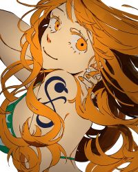 Rule 34 | 1girl, absurdres, bare back, bare shoulders, bra, breasts, earrings, floating hair, hair between eyes, hand on own neck, highres, jewelry, long hair, looking at viewer, nail, nail polish, nami (one piece), one piece, orange eyes, orange hair, shoulder tattoo, sideboob, solo, striped bra, striped clothes, tattoo, underwear, wudus6