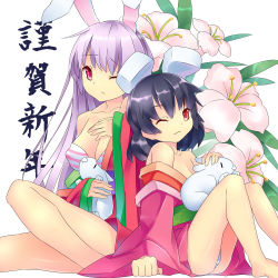 Rule 34 | 2girls, animal ears, bare shoulders, bra, female focus, flower, inaba tewi, japanese clothes, kimono, lingerie, mikan (bananoha), multiple girls, off shoulder, one eye closed, purple hair, rabbit, rabbit ears, red eyes, reisen udongein inaba, striped bra, striped clothes, touhou, underwear, wink