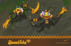 Rule 34 | 2others, alternate costume, bee, bug, character name, dual persona, fiddlesticks, highres, holding, holding scythe, holding weapon, insect, league of legends, multiple others, needle, one eye closed, open mouth, outdoors, scythe, signature, standing, thorsten erdt, watermark, weapon, web address