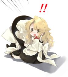 Rule 34 | !, !!, 1girl, aged down, apron, back bow, black dress, black footwear, black hat, blonde hair, bow, braid, commentary request, dress, emphasis lines, full body, hair bow, hat, hat bow, holding, holding clothes, holding hat, kirisame marisa, long hair, long sleeves, looking at viewer, mary janes, meji aniki, open mouth, red bow, shirt, shoes, single braid, sitting, solo, touhou, unworn hat, unworn headwear, white shirt, witch hat, yellow eyes