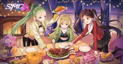 Rule 34 | 3girls, candle, chair, decorations, earrings, fireplace, flower, food, gift, glass, grin, jacket, jewelry, joanna (smc), logo, mila (smc), multiple girls, ning (smc), official art, ponytail, pumpkin, serving, smile, steak, super mecha champions, thanksgiving, turkey (food), twintails