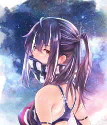 Rule 34 | 1girl, absurdres, arm strap, azur lane, bare shoulders, black hair, blush, breasts, covered mouth, cross, earrings, eyes visible through hair, from side, hair between eyes, hair ornament, highres, huge filesize, iron cross, jewelry, kuroneru, long hair, looking at viewer, looking back, medium breasts, multicolored hair, one side up, red eyes, scarf, shoulder blades, sidelocks, solo, streaked hair, swimsuit, u-47 (azur lane), upper body, white hair