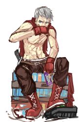 Rule 34 | 1boy, arcade stick, atlus, bandaid, blue eyes, boots, cape, controller, cross-laced footwear, energy drink, fingerless gloves, game controller, gloves, highres, joystick, knife, lace-up boots, mad catz, male focus, muscular, panties (pantsu-pirate), pants, persona, persona 3, persona 4: the ultimate in mayonaka arena, product placement, sanada akihiko, scar, shin megami tensei, topless male, short hair, solo, white hair