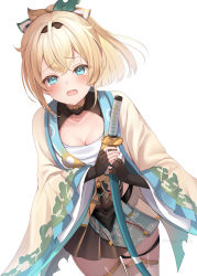 Rule 34 | 1girl, absurdres, black gloves, blonde hair, blue eyes, breasts, chest sarashi, commentary request, cowboy shot, fingerless gloves, gloves, hair ribbon, haori, highres, holding, holding sword, holding weapon, hololive, japanese clothes, katana, kazama iroha, long sleeves, looking at viewer, miyagi ratona, open mouth, pleated skirt, ribbon, sarashi, sheath, sheathed, short hair, simple background, skirt, solo, standing, sword, tearing up, thighhighs, twitter username, virtual youtuber, weapon, white background, white thighhighs