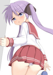 Rule 34 | 1girl, adjusting clothes, adjusting legwear, ass, blue eyes, from behind, hair ornament, hair ribbon, highres, hiiragi kagami, long sleeves, looking at viewer, lucky star, nicomi-chan, open mouth, panties, pantyshot, purple hair, red sailor collar, ribbon, ryouou school uniform, sailor collar, school uniform, serafuku, simple background, skirt, solo, tsurime, twintails, underwear, white background