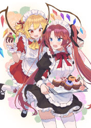 Rule 34 | 2girls, adapted costume, ahase hino, alternate costume, alternate hairstyle, apron, ascot, black bow, black dress, black footwear, blonde hair, blue eyes, bow, bowtie, breasts, brooch, brown hair, cowboy shot, crystal, dress, enmaided, fang, flandre scarlet, food, frilled apron, frills, gem, green brooch, green gemstone, hair between eyes, hair bow, highres, holding, holding food, holding tray, hong meiling, jewelry, juliet sleeves, long hair, long sleeves, maid, maid apron, maid headdress, mary janes, medium breasts, multicolored wings, multiple girls, open mouth, puffy short sleeves, puffy sleeves, red bow, red bowtie, red dress, red eyes, shoes, short hair, short sleeves, skin fang, smile, socks, thighhighs, touhou, tray, twintails, white apron, white socks, white thighhighs, wings, wrist cuffs, yellow ascot