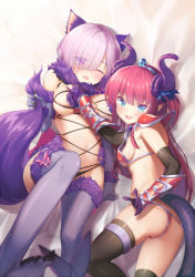 Rule 34 | 2girls, animal ears, armor, ass, bare shoulders, bikini, bikini armor, bikini bottom aside, black gloves, black legwear, black nails, black panties, blue eyes, blue ribbon, blush, grabbing another&#039;s breast, breasts, clothing aside, curled horns, dragon horns, dragon tail, elbow gloves, elizabeth bathory (brave) (fate), elizabeth bathory (fate), elizabeth bathory (fate/extra ccc), fate/grand order, fate (series), fur trim, gloves, grabbing, hair over one eye, hair ribbon, halloween, halloween costume, horns, large breasts, long hair, looking at viewer, lying, mash kyrielight, mash kyrielight (dangerous beast), multiple girls, nail polish, naughty face, navel, official alternate costume, on back, one eye covered, oversized clothes, panties, pauldrons, pink hair, pointy ears, purple eyes, purple hair, purple legwear, red bikini, revealing clothes, ribbon, rokuroku (xd p), short hair, shoulder armor, sideboob, small breasts, string bikini, swimsuit, swimsuit aside, tail, tail grab, thighhighs, tiara, two side up, underwear, vambraces, wolf ears, wolf tail