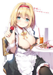 Rule 34 | 1girl, alice margatroid, alternate costume, apron, black thighhighs, blonde hair, blue eyes, blush, breasts, cherry, cup, detached collar, drinking glass, enmaided, food, fruit, hairband, hand up, heart, highres, holding, holding food, holding fruit, lace trim, lolita hairband, looking at viewer, maid, maid apron, medium breasts, miyase mahiro, neck ribbon, nipples, puffy short sleeves, puffy sleeves, pulling own clothes, red hairband, ribbon, short hair, short sleeves, smile, solo, thighhighs, touhou, white apron, white background, wrist cuffs, yellow ribbon