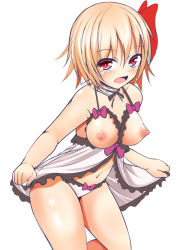 Rule 34 | 1girl, ahoge, babydoll, blonde hair, blush, breasts, camisole, hair ribbon, navel, nipples, open mouth, panties, red eyes, ribbon, roro (sghona10), rumia, short hair, simple background, solo, touhou, underwear, white background