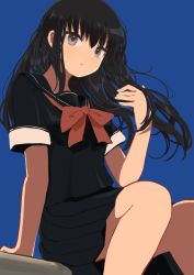 Rule 34 | 1girl, :o, arm support, black hair, black sailor collar, black serafuku, black shirt, black skirt, blue background, bow, feet out of frame, floating hair, grey eyes, hair between eyes, hand up, hinomaru (futagun), long hair, looking at viewer, nail polish, original, parted lips, pleated skirt, red bow, sailor collar, school uniform, serafuku, shirt, short sleeves, simple background, skirt, solo, very long hair, white nails
