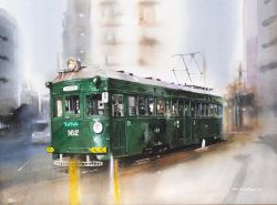 Rule 34 | artist name, blurry, blurry background, city, commentary request, no humans, original, outdoors, painting (medium), road, scenery, street, streetcar, traditional media, watanabe masato, watercolor (medium)