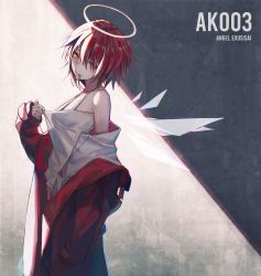 Rule 34 | 1girl, arknights, bare shoulders, camisole, character name, commentary request, cowboy shot, dog tags, exusiai (arknights), from side, hair over one eye, halo, hand up, highres, jacket, long sleeves, looking at viewer, mouth hold, off shoulder, pantyhose, red eyes, red hair, red jacket, short hair, sleeves past wrists, solo, spaghetti strap, standing, veilrain