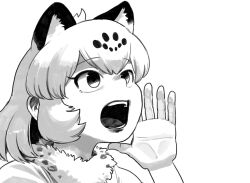 Rule 34 | 1girl, animal ear fluff, animal ears, bell (hellchan3), fur collar, greyscale, hand to own mouth, hand up, highres, jaguar (kemono friends), jaguar ears, jaguar girl, kemono friends, looking up, medium hair, monochrome, open mouth, portrait, raised eyebrows, romaji commentary, shouting with hands, sidelocks, solo