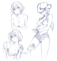 Rule 34 | 1girl, :o, bikini, bouncing breasts, breasts, chestnut mouth, cleavage, cowboy hat, cowboy western, cutoffs, denim, denim shorts, finger gun, hair between eyes, hat, hat over one eye, korisei, large breasts, medium breasts, monochrome, o-ring, o-ring top, one eye covered, open fly, original, short hair, short shorts, shorts, sketch, solo, swimsuit, unzipped, white background