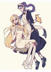 Rule 34 | 2girls, absurdres, apron, black dress, black footwear, blonde hair, bow, choker, closed mouth, cup, dress, earrings, footwear bow, highres, holding, huge filesize, identity v, invisible chair, jewelry, long hair, long sleeves, looking at viewer, maid, maid apron, maid headdress, mole, mole under eye, multiple girls, off-shoulder dress, off shoulder, ponytail, purple eyes, purple hair, shoes, short dress, simple background, sitting, smile, teacup, teapot, tray, white apron, white background, white bow, white dress, white footwear, yp (pypy 5 )