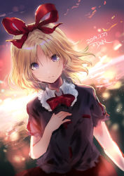 Rule 34 | 1girl, arm at side, artist name, backlighting, black shirt, blonde hair, blouse, blue eyes, bow, bowtie, commentary request, dated, dqn (dqnww), dutch angle, gradient sky, hair ribbon, hand on own chest, light frown, light particles, looking at viewer, medicine melancholy, outdoors, parted bangs, puffy short sleeves, puffy sleeves, red bow, red bowtie, red ribbon, red skirt, ribbon, shirt, short hair, short sleeves, sketch, skirt, sky, solo, standing, sunset, tearing up, touhou, upper body