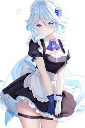 Rule 34 | 1girl, ahoge, asymmetrical gloves, black gloves, blue eyes, blue hair, blush, breasts, cleavage, closed mouth, furina (genshin impact), genshin impact, gloves, hair between eyes, heterochromia, highres, looking at viewer, maid, maid headdress, medium breasts, mismatched gloves, multicolored hair, nasii, short sleeves, sidelocks, simple background, solo, standing, streaked hair, two-tone hair, v-shaped eyebrows, white background, white gloves