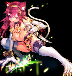 Rule 34 | 1girl, :q, animal ears, bad id, bad pixiv id, barefoot, black background, bracelet, breasts, cat ears, cat girl, cat tail, claws, dagger, detached collar, feet, full body, glowing, holding, holding weapon, jewelry, knife, large breasts, looking at viewer, lots of jewelry, original, purple eyes, red hair, shatter, simple background, solo, tail, tiara, toes, tongue, tongue out, weapon, yamacchi