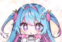Rule 34 | 1girl, blue hair, chibi, hair intakes, hair ornament, izumi dayo (izumi chan08), long hair, misora kanon, nijigen project, open mouth, pink hair, purple eyes, second-party source, solo, sparkle, sparkling eyes, two side up, virtual youtuber