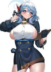 Rule 34 | 1girl, absurdres, ako (blue archive), bell, black gloves, black hairband, blue archive, blue eyes, blue hair, blush, breasts, closed mouth, cowboy shot, ear piercing, gloves, gluteal fold, hair ornament, hairband, hand up, highres, holding, large breasts, long sleeves, looking at viewer, medium hair, piercing, sideboob, simple background, smile, solo, thighs, white background, yamanokami eaka