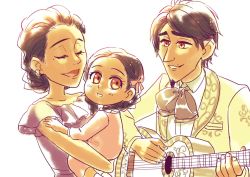 Rule 34 | 1boy, 2girls, acoustic guitar, aged down, bad id, bad twitter id, black hair, bow, braid, braided bun, brown eyes, carrying, charro, child, child carry, coco (disney), dark-skinned male, dark skin, disney, dress, earrings, closed eyes, facial hair, family, father and daughter, goatee, guitar, hair bun, hector rivera, hector rivera (alive), imelda rivera, imelda rivera (alive), instrument, jacket, jewelry, long hair, mama coco, mexican dress, mexico, mother and daughter, multiple girls, music, playing instrument, short hair, singing, smile, spoilers, twin braids