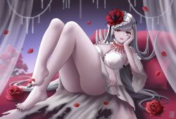 Rule 34 | 1girl, absurdres, babydoll, barefoot, breasts, cleavage, coquelic (path to nowhere), dress, feet, flower, grey hair, hair flower, hair ornament, highres, long hair, medium breasts, non-web source, panties, path to nowhere, red eyes, solo, underwear, white dress, white panties